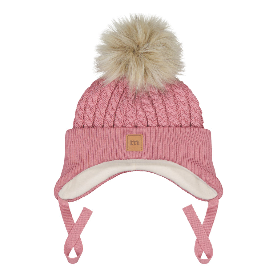 Metsola - MERINO FUR POM CABLE BABY BEANIE | ROSY