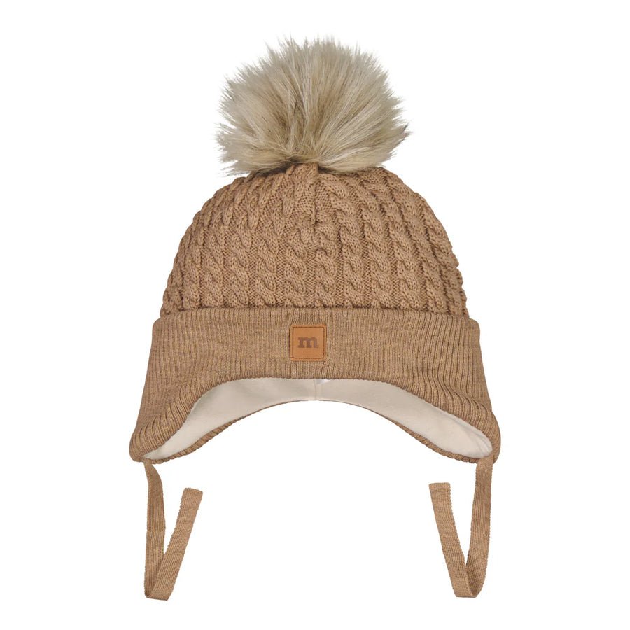 Metsola - fur pom cable baby beanie -merinovillapipo - peanut butter