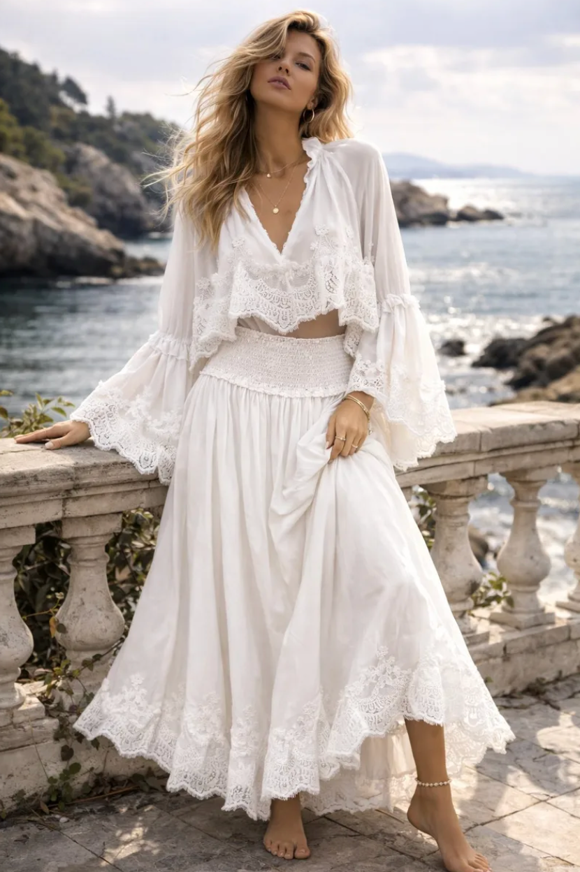 Tulossa pian! Boheemi 2-osainen pitsisetti naisille – puuvillainen maksihame ja pusero